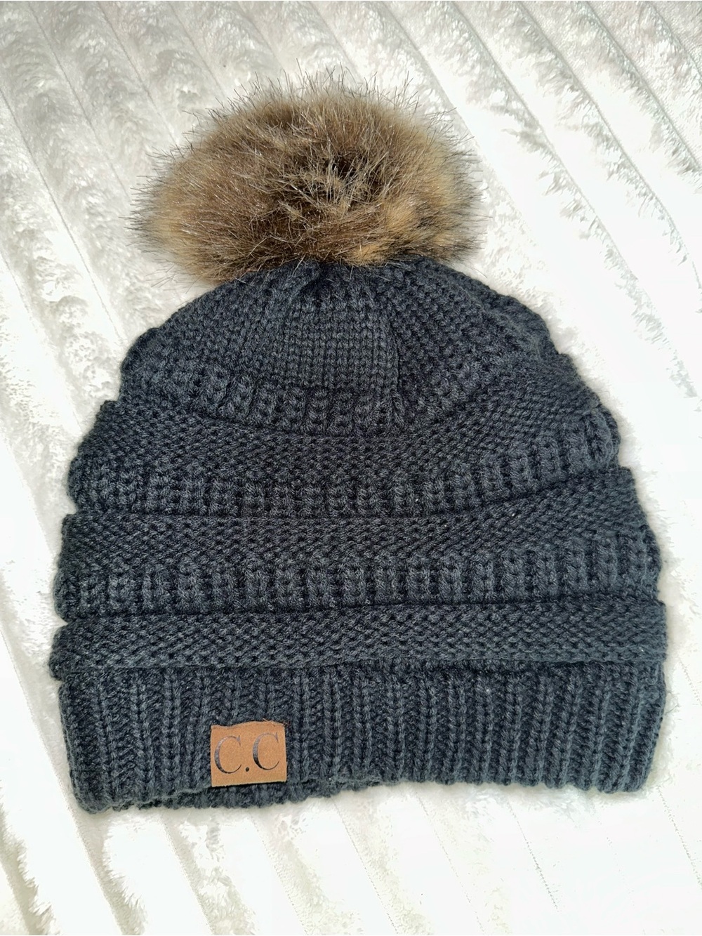 C.C Charcoal Knit Beanie with Brown Faux Fur Pom